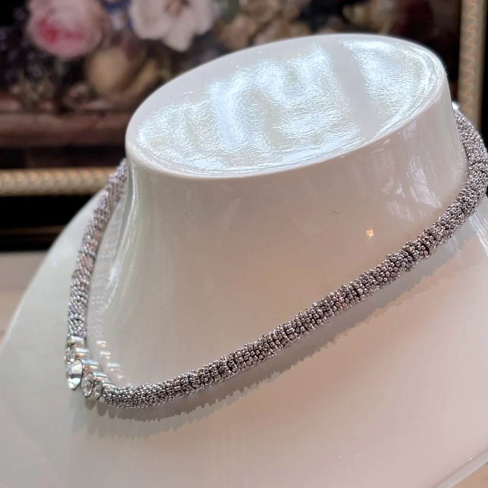 Choker Mesh Bead Silver‎ Tone Crystal Pendant Necklace